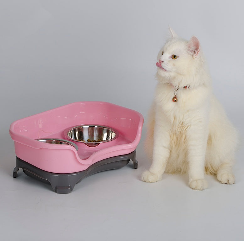 KFX-8657725 Double Basin Splash-Proof Pet Bowl Set - Stainless Steel Cat and Dog Food Dish