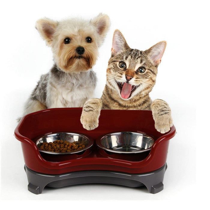 KFX-8657725 Double Basin Splash-Proof Pet Bowl Set - Stainless Steel Cat and Dog Food Dish