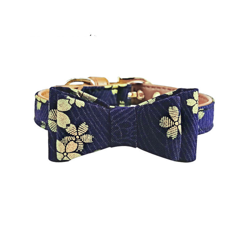 KFX-8659133 Stylish Blue Leather Pet Collar with Triangle Scarf and Bow Design, Adjustable Sizes S-M-L