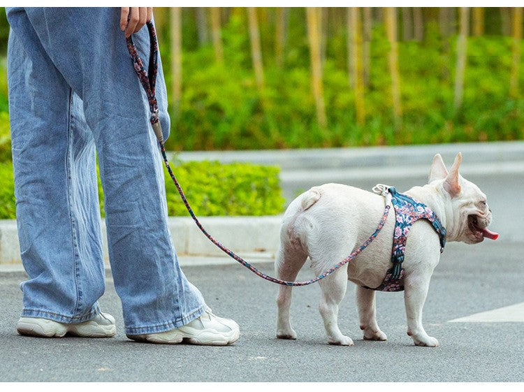 KFX-8667069 Floral Cotton Pet Dog Leash with Zinc Alloy Clips - Available in Blue and Red