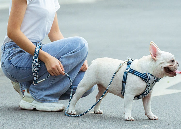 KFX-8667069 Floral Cotton Pet Dog Leash with Zinc Alloy Clips - Available in Blue and Red
