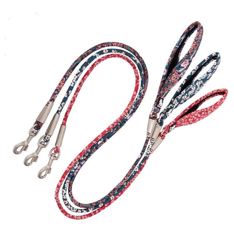 KFX-8667069 Floral Cotton Pet Dog Leash with Zinc Alloy Clips - Available in Blue and Red