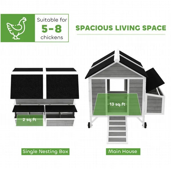 KFX-8676669 Spacious Chicken Coop with Nesting Boxes and Easy Mobility - Fits 5-8 Chickens