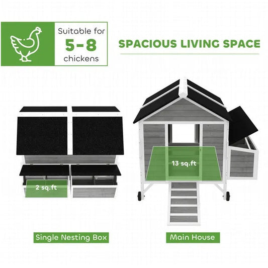 KFX-8676669 Spacious Chicken Coop with Nesting Boxes and Easy Mobility - Fits 5-8 Chickens