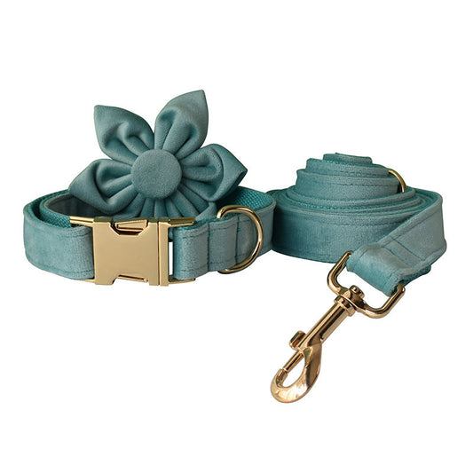 KFX-8680765 Lake Green Velvet Flannel Dog Collar Set with Gold Buckles, Bow and Flower Accessories - Available in Sizes S to XL