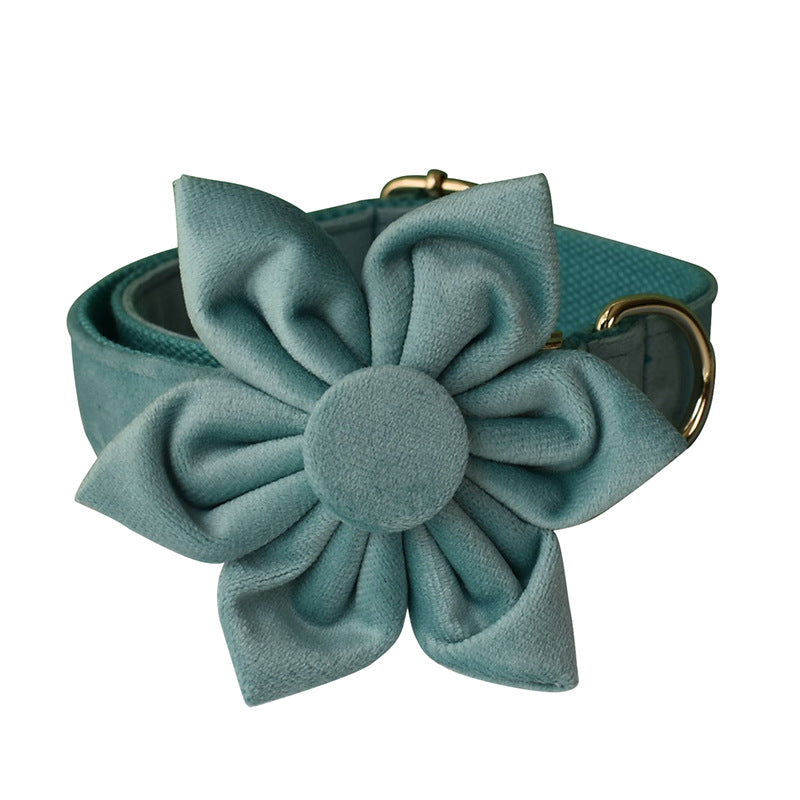 KFX-8680765 Lake Green Velvet Flannel Dog Collar Set with Gold Buckles, Bow and Flower Accessories - Available in Sizes S to XL