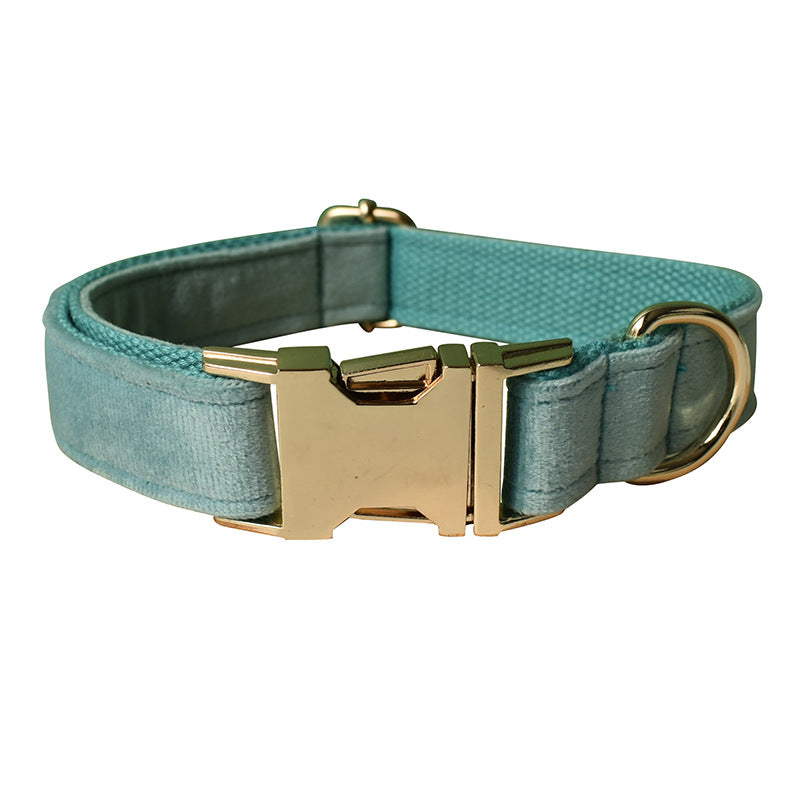 KFX-8680765 Lake Green Velvet Flannel Dog Collar Set with Gold Buckles, Bow and Flower Accessories - Available in Sizes S to XL