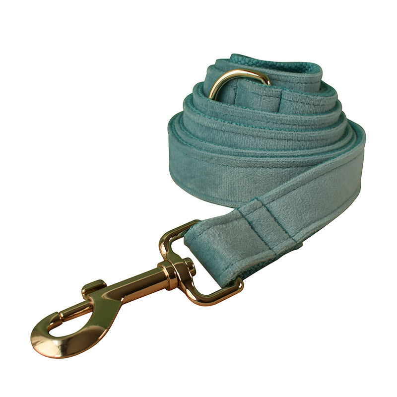 KFX-8680765 Lake Green Velvet Flannel Dog Collar Set with Gold Buckles, Bow and Flower Accessories - Available in Sizes S to XL