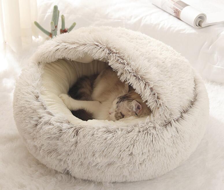 KFX-8688573 Cat's Nest with Plush Velvet and Oxford Bottom - Semi-Enclosed Design in Grey, Pink, Brown