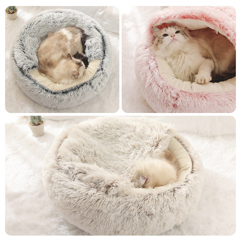 KFX-8688573 Cat's Nest with Plush Velvet and Oxford Bottom - Semi-Enclosed Design in Grey, Pink, Brown