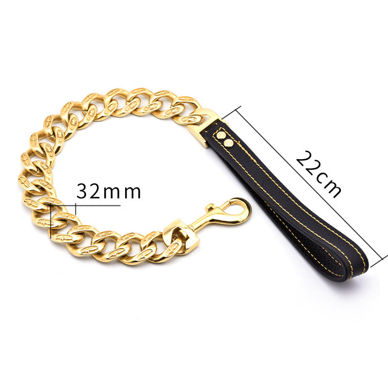 KFX-8694077 Stainless Steel Thick Dog Leash in Gold and White - 32MM Width, Multiple Lengths Available