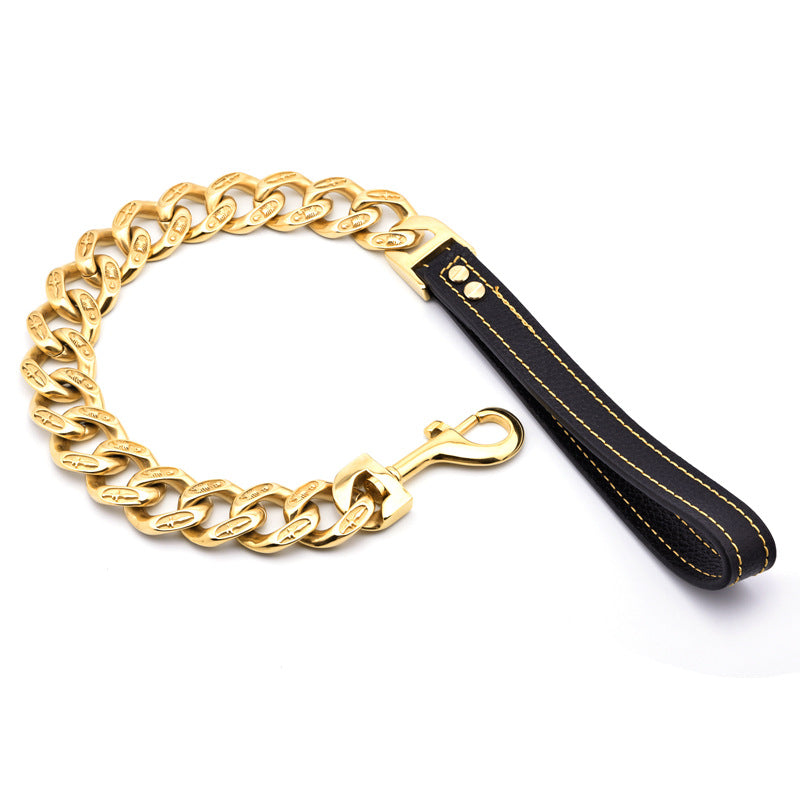 KFX-8694077 Stainless Steel Thick Dog Leash in Gold and White - 32MM Width, Multiple Lengths Available