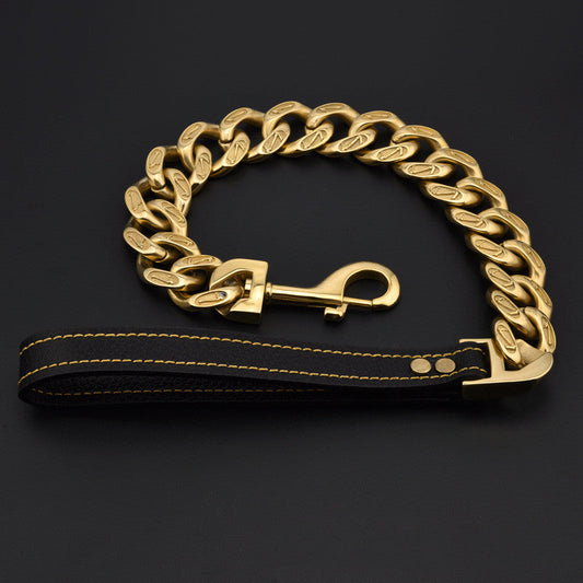 KFX-8694077 Stainless Steel Thick Dog Leash in Gold and White - 32MM Width, Multiple Lengths Available