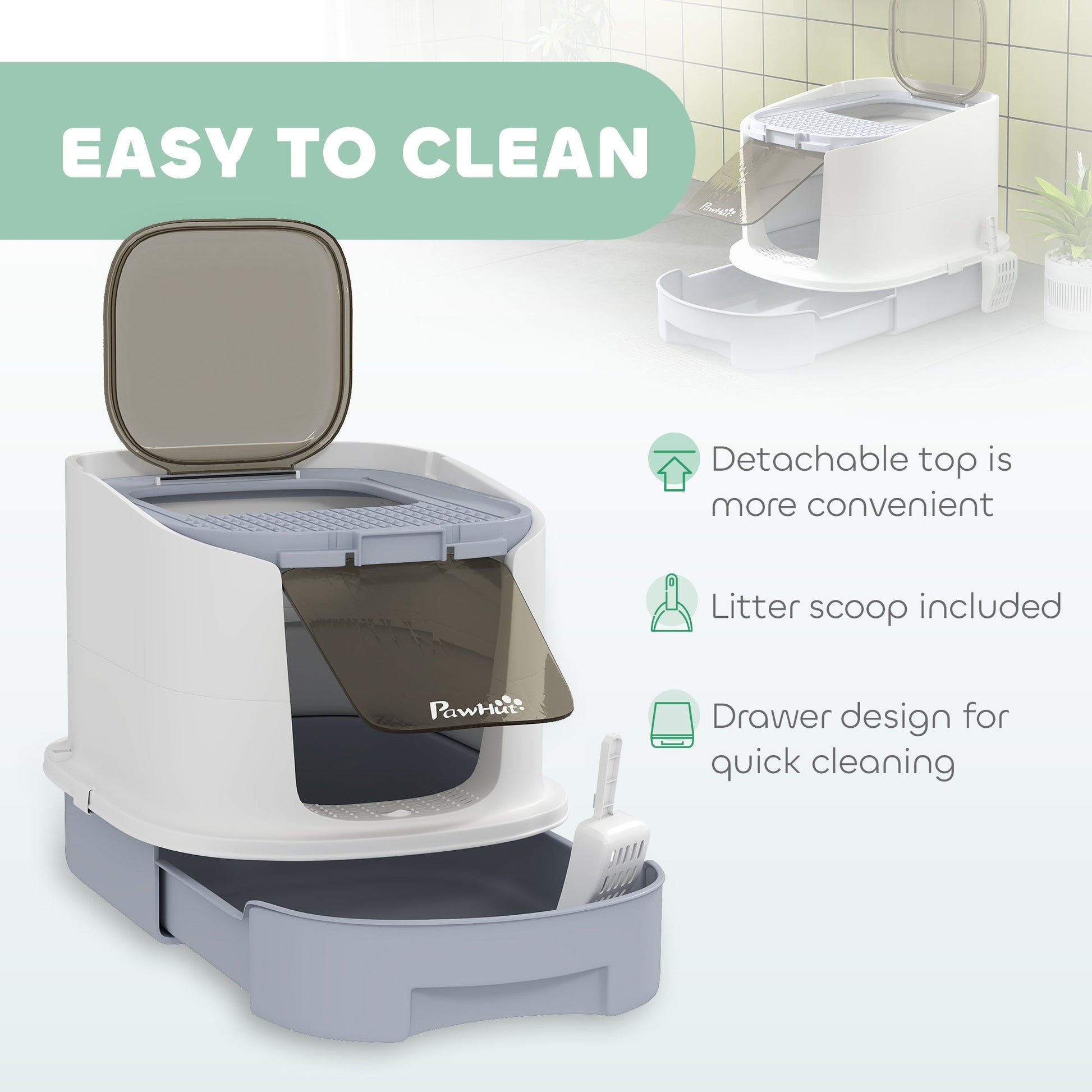 KFX-8695741 Gray Covered Cat Litter Box with Lid, Easy Clean Drawer, Deodorizing Bags, Top Entry Design