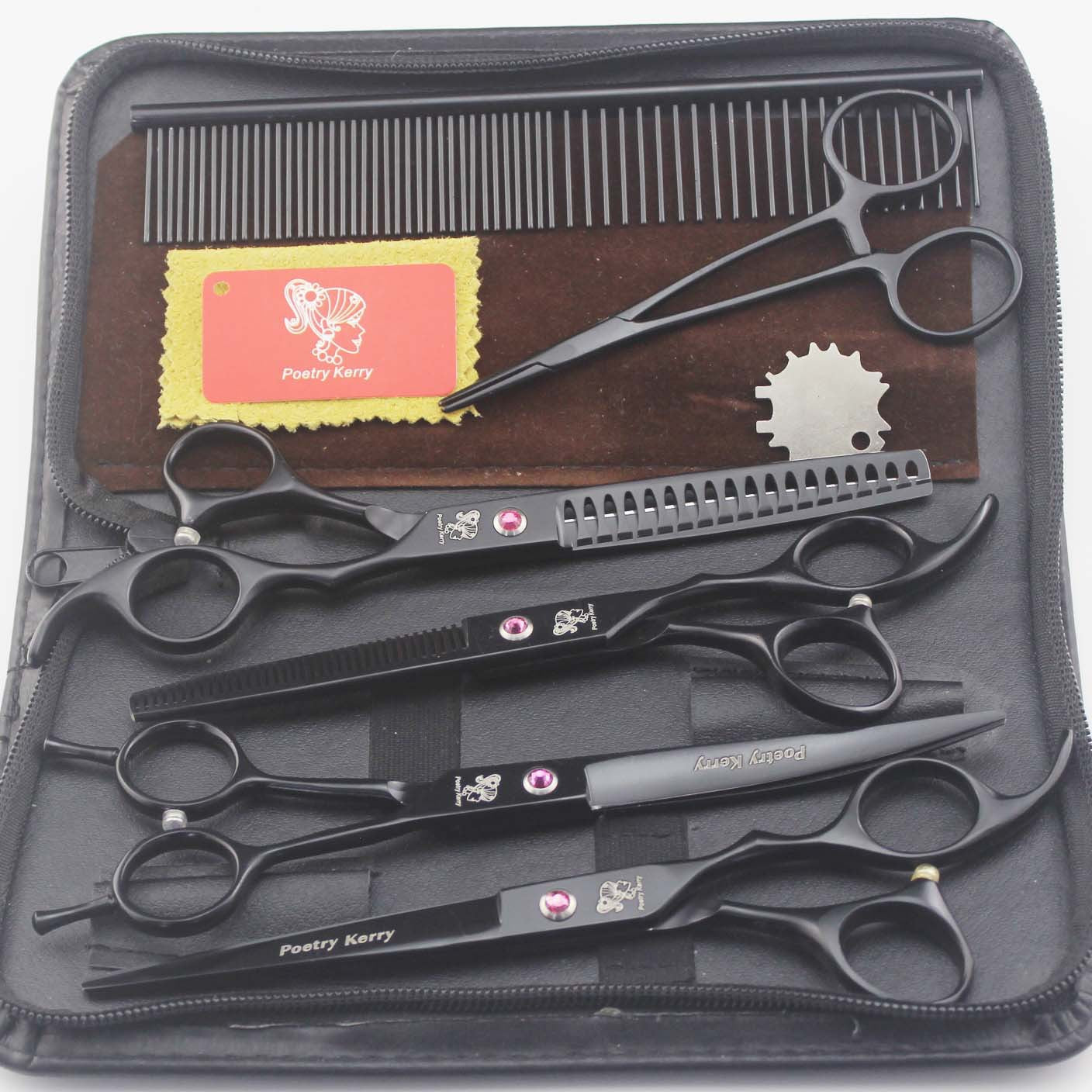 KFX-8701629 Professional Pet Grooming Scissors Set - Straight, Curved, and Tooth Scissors with Comb and Forceps, Stainless Steel, 7.0-inch & 6.5-inch