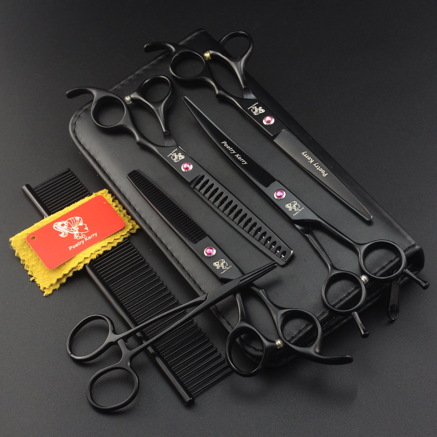 KFX-8701629 Professional Pet Grooming Scissors Set - Straight, Curved, and Tooth Scissors with Comb and Forceps, Stainless Steel, 7.0-inch & 6.5-inch