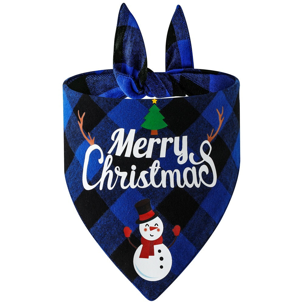 KFX-8706365 Cotton Plaid Christmas Pet Triangle Scarf with Santa and Snowman Design, 65x45x45cm