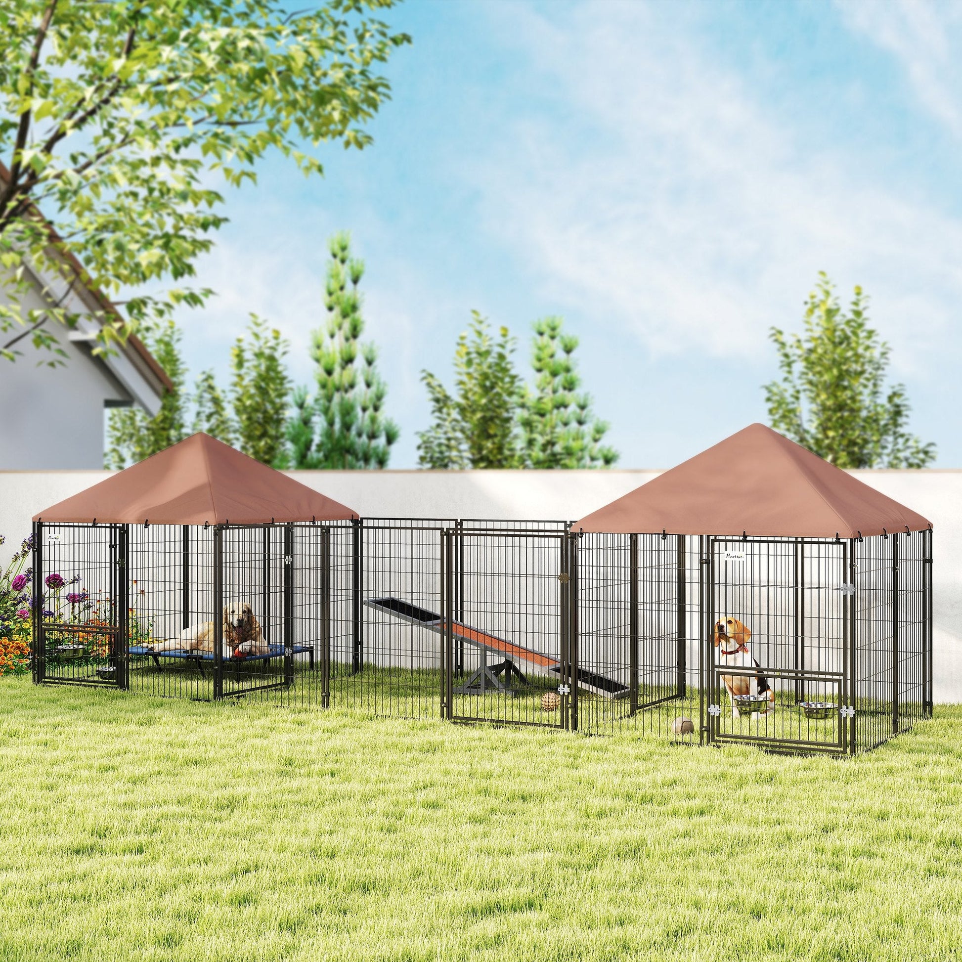 KFX-8709437 Large Outdoor Dog Kennel with Two Rooms, Adjustable Height Bowls, Waterproof Canopy