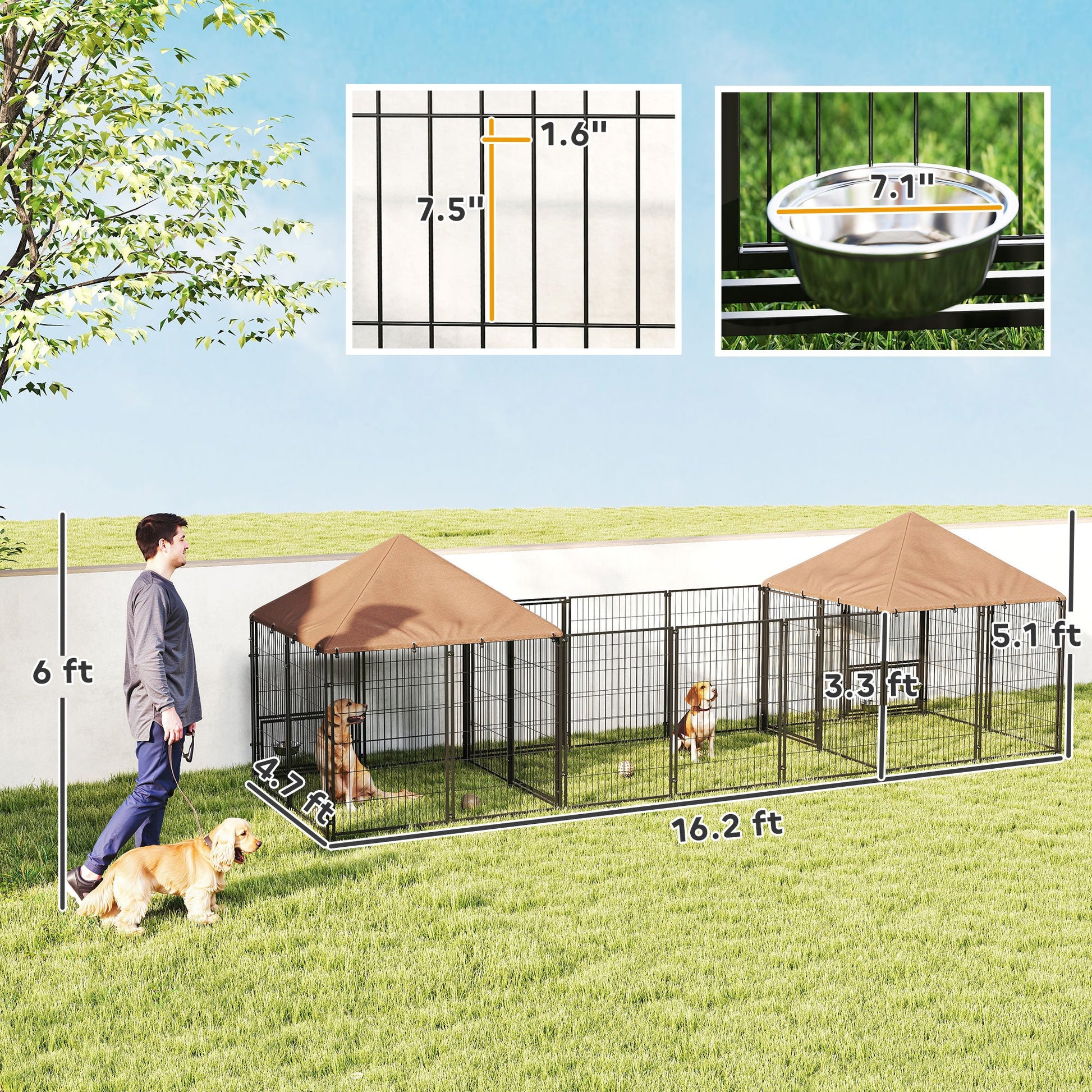 KFX-8709437 Large Outdoor Dog Kennel with Two Rooms, Adjustable Height Bowls, Waterproof Canopy