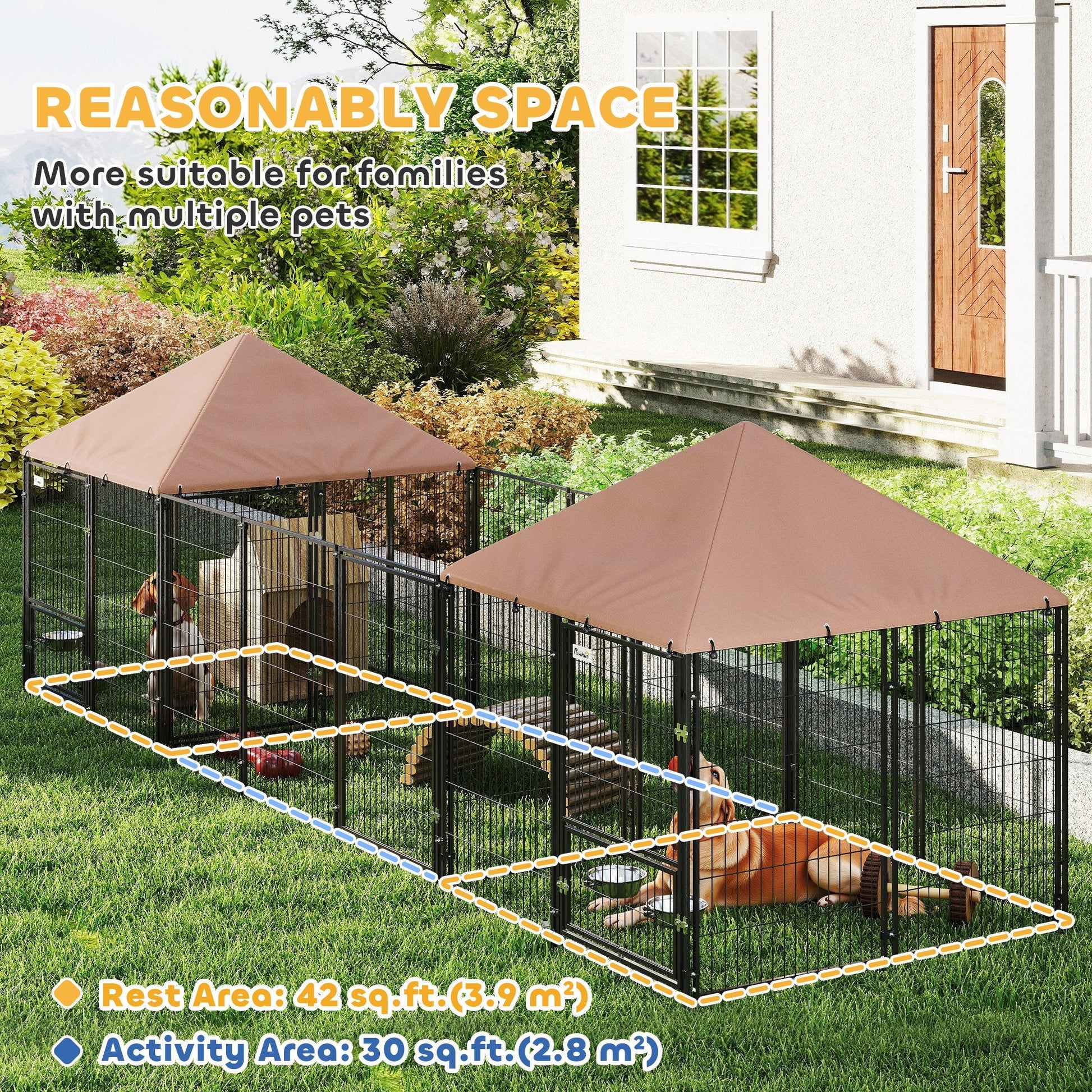 KFX-8709437 Large Outdoor Dog Kennel with Two Rooms, Adjustable Height Bowls, Waterproof Canopy