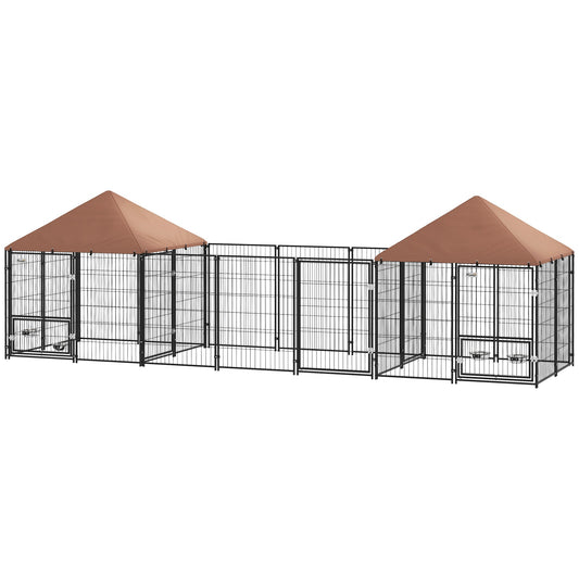 KFX-8709437 Large Outdoor Dog Kennel with Two Rooms, Adjustable Height Bowls, Waterproof Canopy
