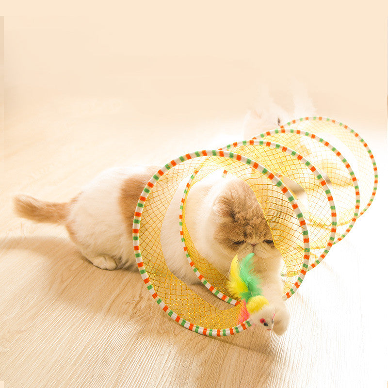 KFX-8710845 Foldable Cat Tunnel Toy in Blue and Yellow - Steel Wire, Elastic Mesh, and Feather Design, 65cm Long, 25cm Diameter