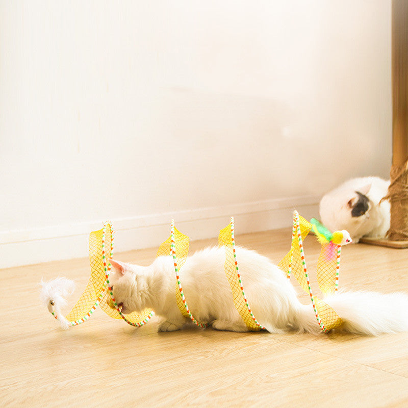 KFX-8710845 Foldable Cat Tunnel Toy in Blue and Yellow - Steel Wire, Elastic Mesh, and Feather Design, 65cm Long, 25cm Diameter