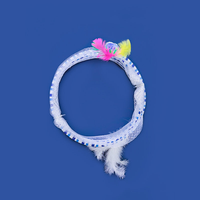 KFX-8710845 Foldable Cat Tunnel Toy in Blue and Yellow - Steel Wire, Elastic Mesh, and Feather Design, 65cm Long, 25cm Diameter