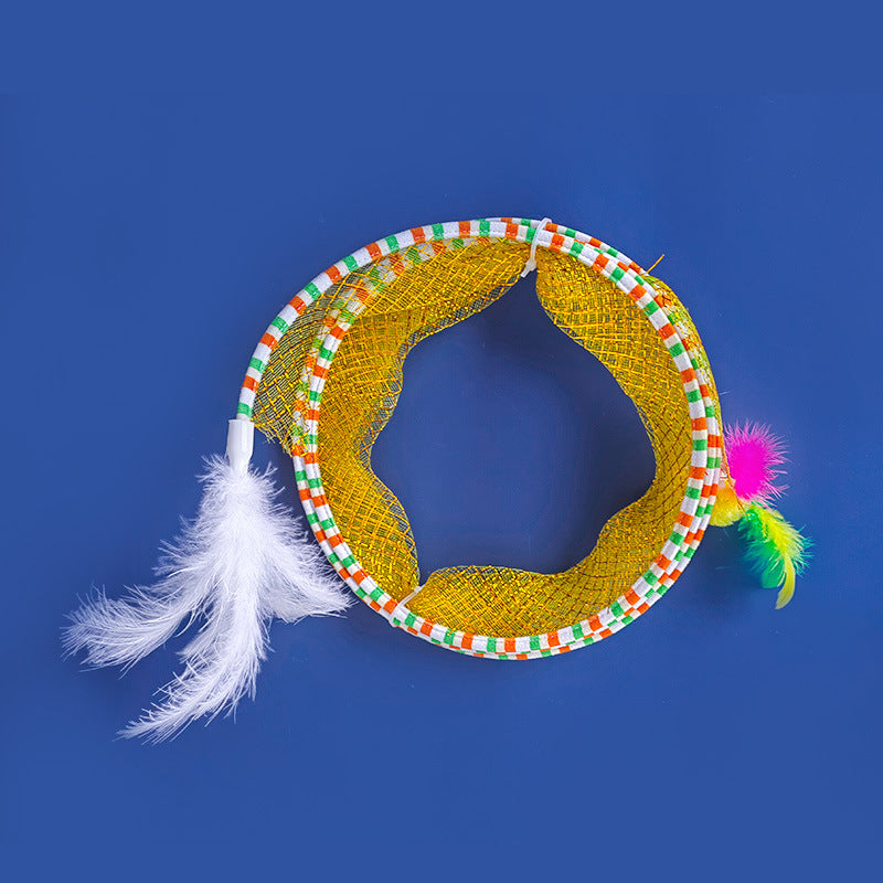 KFX-8710845 Foldable Cat Tunnel Toy in Blue and Yellow - Steel Wire, Elastic Mesh, and Feather Design, 65cm Long, 25cm Diameter