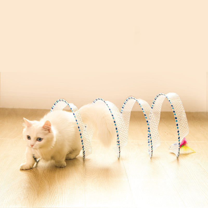 KFX-8710845 Foldable Cat Tunnel Toy in Blue and Yellow - Steel Wire, Elastic Mesh, and Feather Design, 65cm Long, 25cm Diameter
