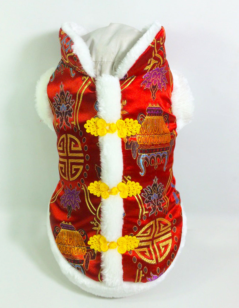 KFX-8715965 Silk Tang Suits for Pets - Cozy Autumn and Winter Wear in Sapphire Blue and Festive Red