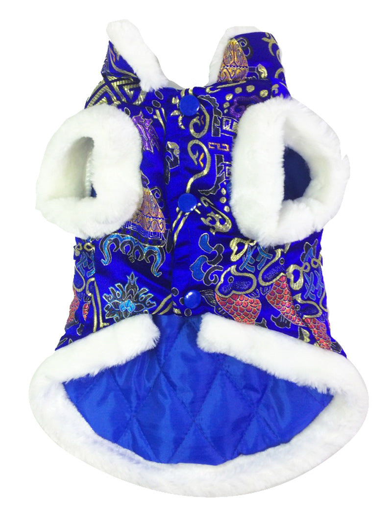 KFX-8715965 Silk Tang Suits for Pets - Cozy Autumn and Winter Wear in Sapphire Blue and Festive Red