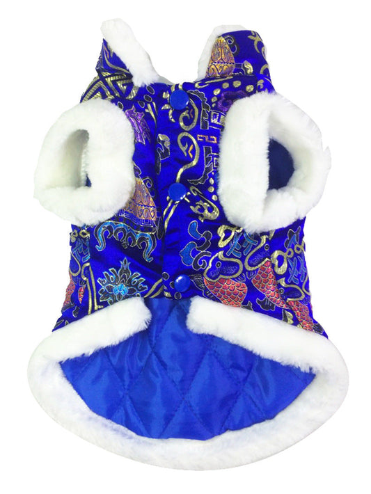 KFX-8715965 Silk Tang Suits for Pets - Cozy Autumn and Winter Wear in Sapphire Blue and Festive Red