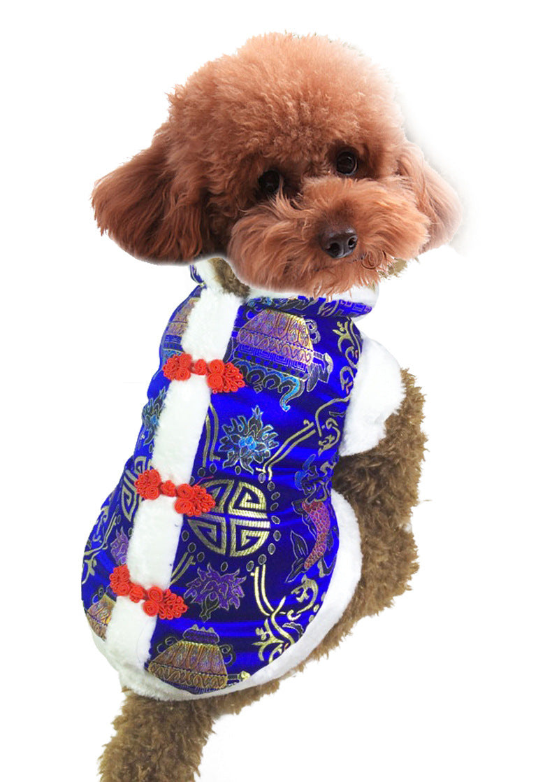 KFX-8715965 Silk Tang Suits for Pets - Cozy Autumn and Winter Wear in Sapphire Blue and Festive Red