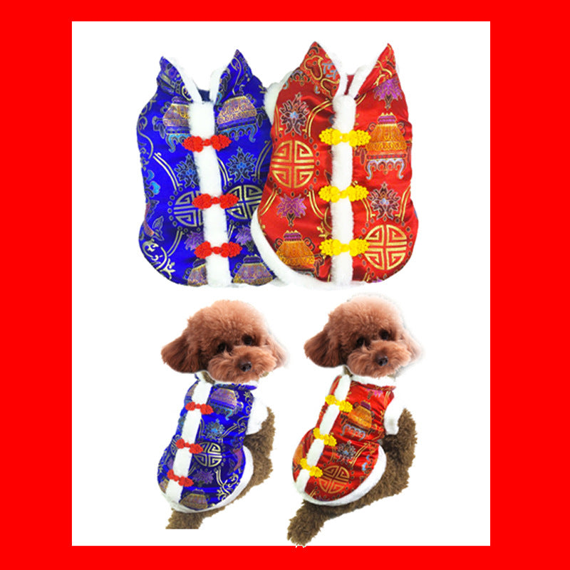 KFX-8715965 Silk Tang Suits for Pets - Cozy Autumn and Winter Wear in Sapphire Blue and Festive Red
