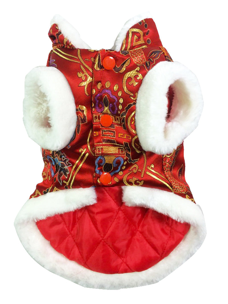 KFX-8715965 Silk Tang Suits for Pets - Cozy Autumn and Winter Wear in Sapphire Blue and Festive Red