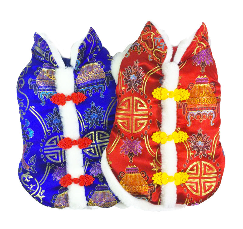 KFX-8715965 Silk Tang Suits for Pets - Cozy Autumn and Winter Wear in Sapphire Blue and Festive Red