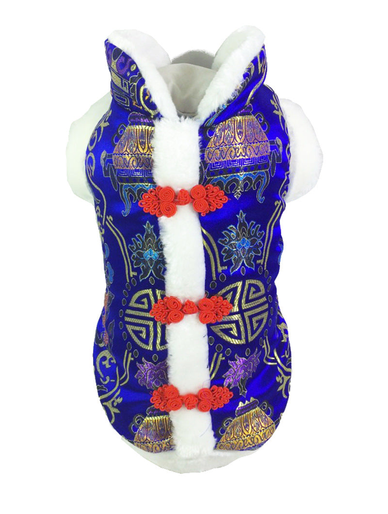 KFX-8715965 Silk Tang Suits for Pets - Cozy Autumn and Winter Wear in Sapphire Blue and Festive Red
