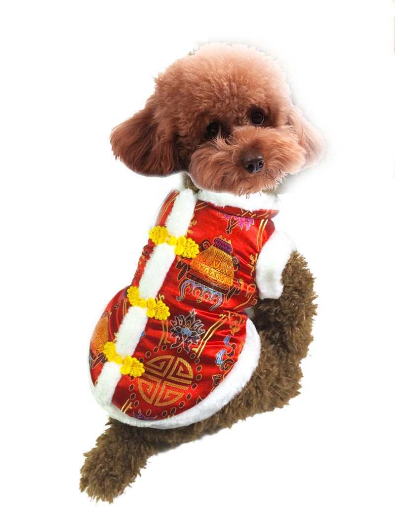KFX-8715965 Silk Tang Suits for Pets - Cozy Autumn and Winter Wear in Sapphire Blue and Festive Red