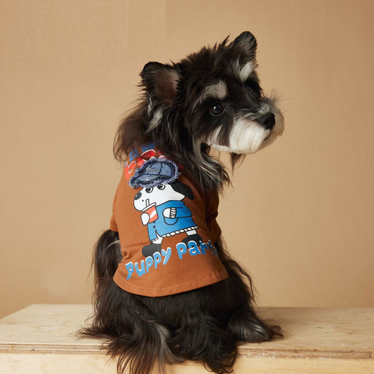 KFX-8717117 Cute Printed Dog T-shirt for Spring and Summer - Casual Polyester Pet Clothing in Coffee and White