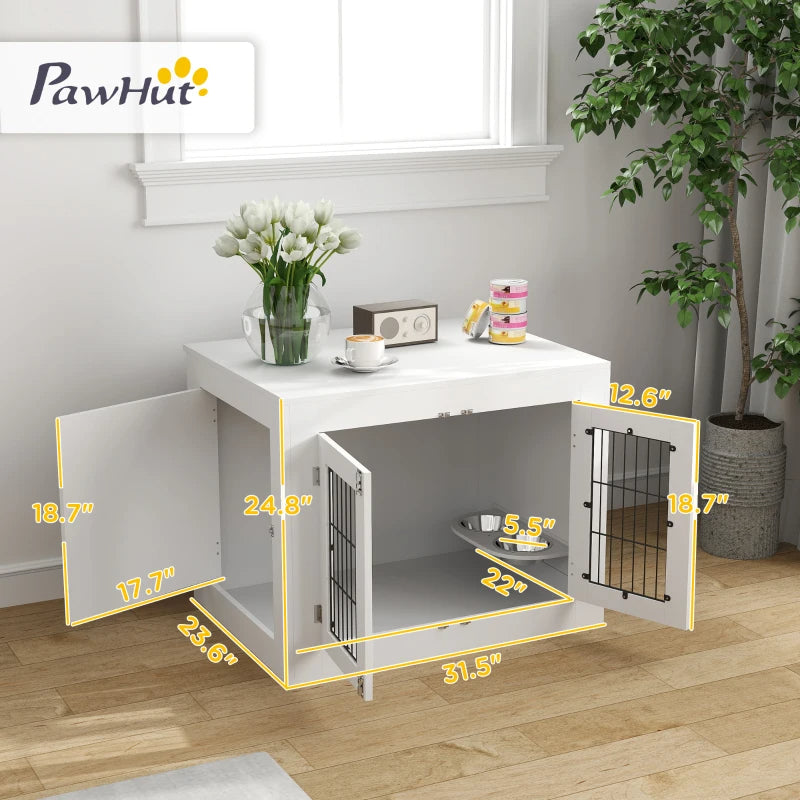 KFX-8720957 White Dog Crate Furniture with Removable Elevated Bowls and Dual Access Doors for Medium Dogs