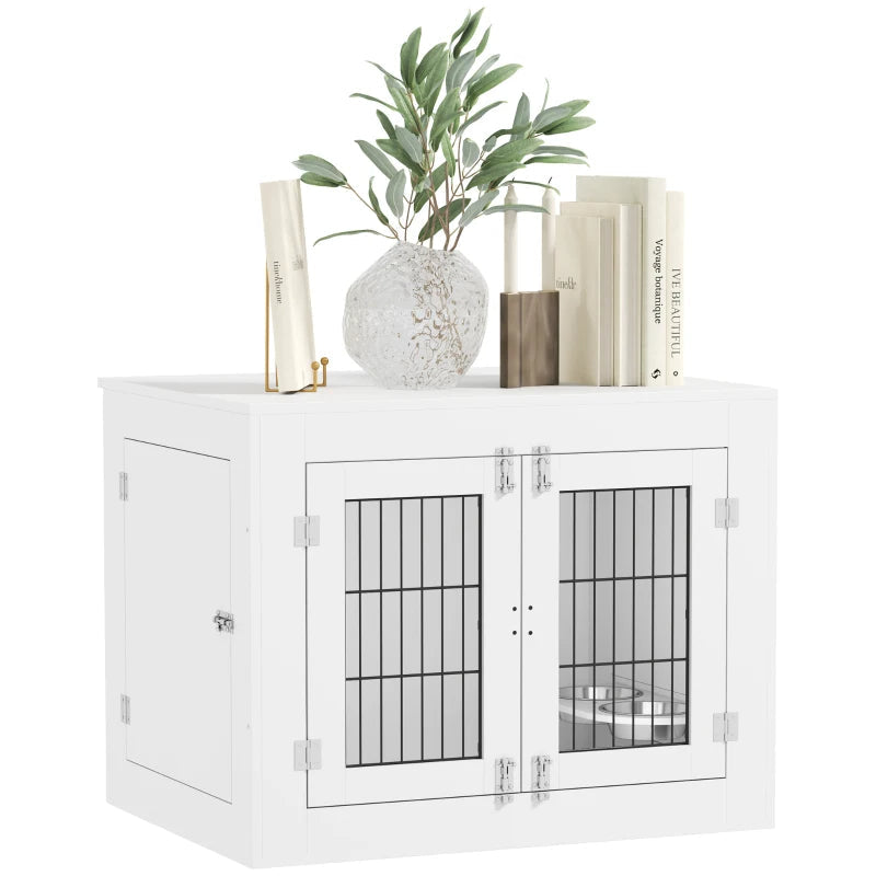 KFX-8720957 White Dog Crate Furniture with Removable Elevated Bowls and Dual Access Doors for Medium Dogs