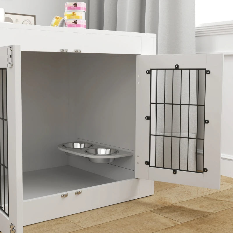 KFX-8720957 White Dog Crate Furniture with Removable Elevated Bowls and Dual Access Doors for Medium Dogs