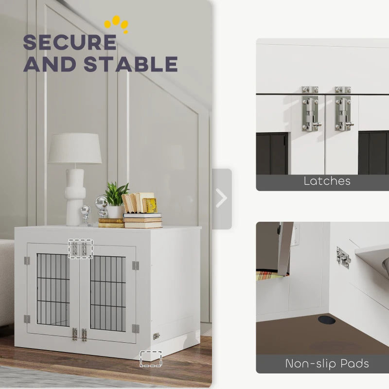 KFX-8720957 White Dog Crate Furniture with Removable Elevated Bowls and Dual Access Doors for Medium Dogs