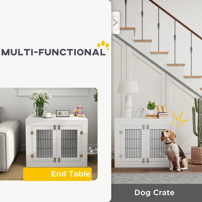 KFX-8720957 White Dog Crate Furniture with Removable Elevated Bowls and Dual Access Doors for Medium Dogs