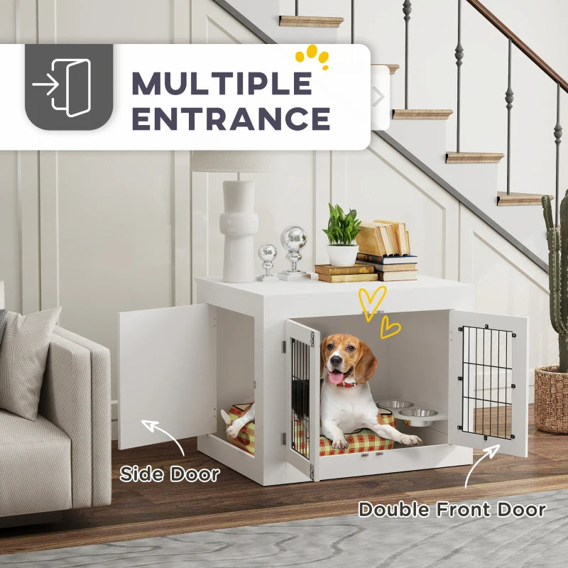 KFX-8720957 White Dog Crate Furniture with Removable Elevated Bowls and Dual Access Doors for Medium Dogs