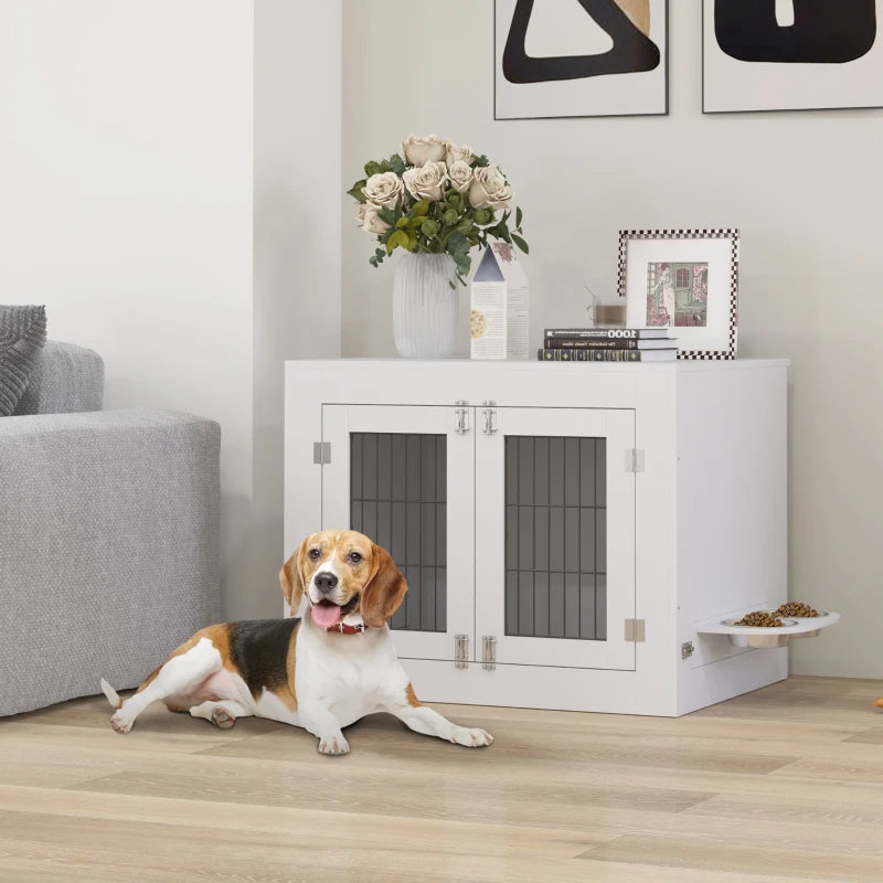 KFX-8720957 White Dog Crate Furniture with Removable Elevated Bowls and Dual Access Doors for Medium Dogs