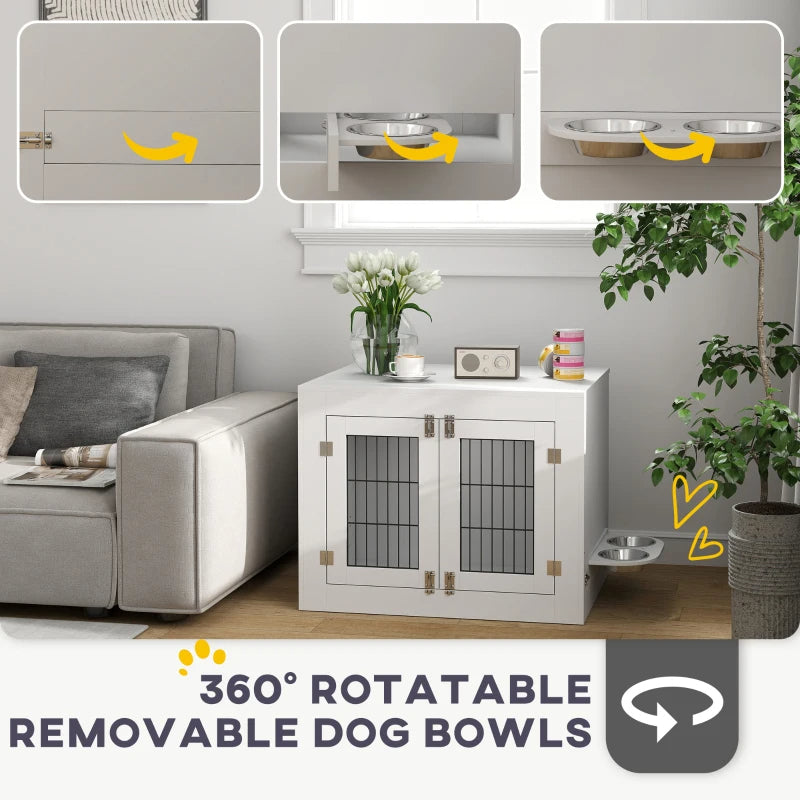KFX-8720957 White Dog Crate Furniture with Removable Elevated Bowls and Dual Access Doors for Medium Dogs