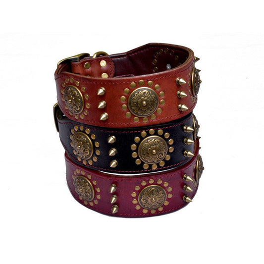 KFX-8725053 Retro Leather Neck Sleeve for Medium to Large Dogs with Alloy Rivets in Multiple Colors