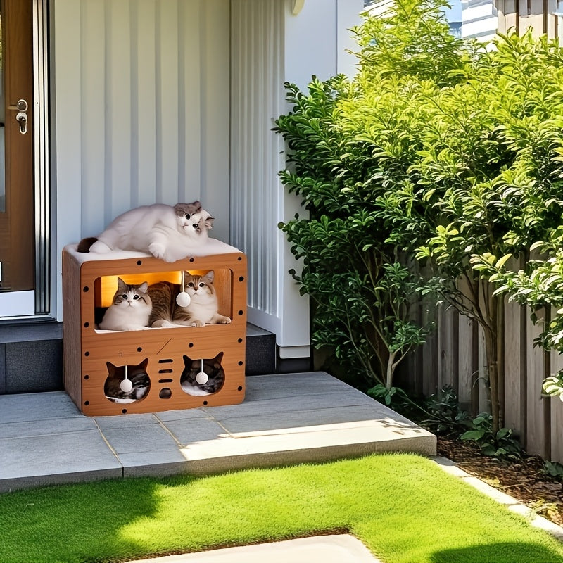 KFX-8727101 Wooden Cat House with Cardboard Construction for Cozy Cat Retreat